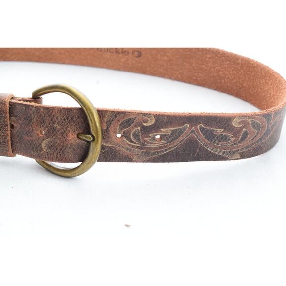 Buckle Leather Belt Medium X 1.5" Womens Brass Buckle Gold Brown Design - Picture 2 of 4